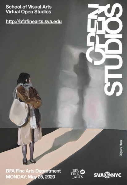 A poster advertising the BFA Fine Arts virtual Open Studios on Monday, May 25, 2020. The poster shows a painting by Xinyu Han. The painting depicts a woman standing in an empty room looking back at her shadow.