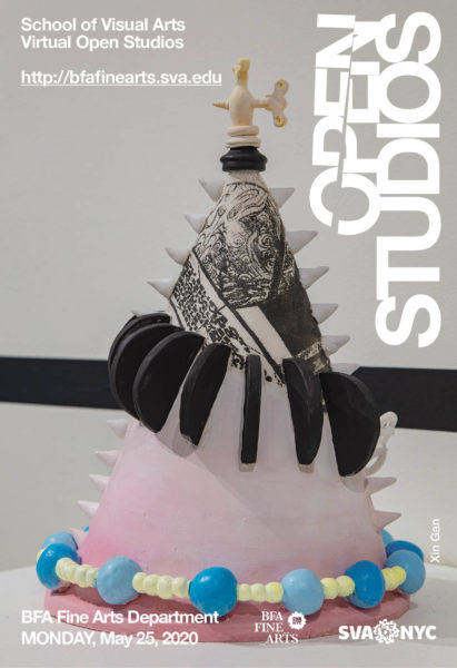 A poster advertising the BFA Fine Arts virtual Open Studios on Monday, May 25, 2020. The poster shows an artwork by Xin Gan. The artwork is a photograph of a ceramic sculpture that is in the shape of a cone with different sized ceramic shapes attached to the exterior.