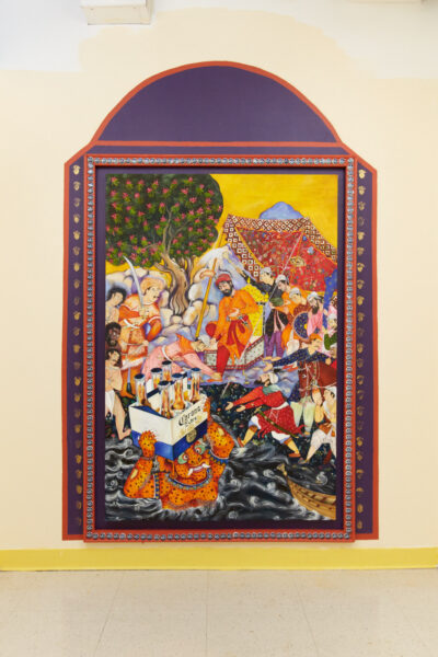 The painting depicts an orange demon emerges with a corona beer case from underwater and presents it to a Mughal prince who is surrounded by three prisoners and eleven men who are his viziers, advisors and protectors. The artwork is mounted on a wall surrounded by a purple painted arch and framed with 205 Corona beer caps.