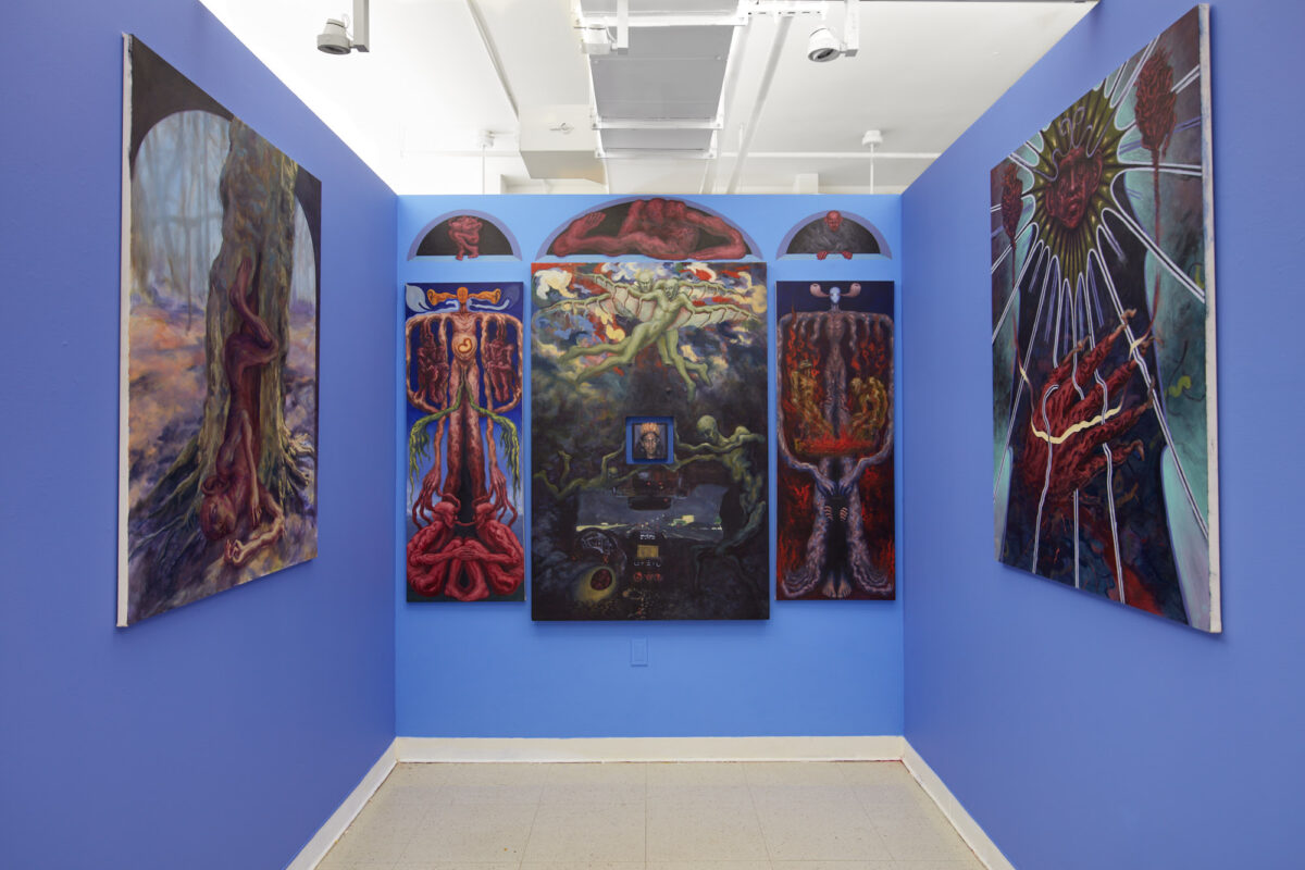 Six oil paintings of various dimensions hang in bilateral symmetry on 3 blue walls.