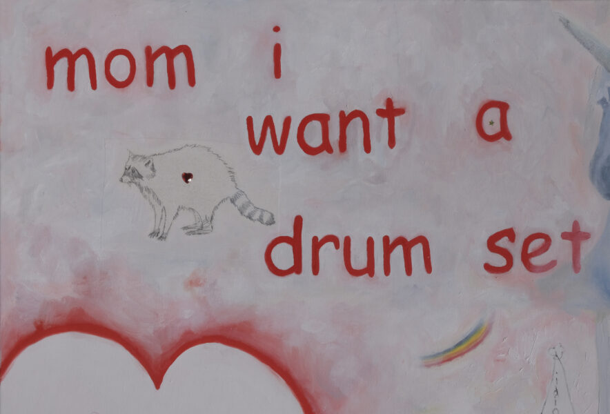 Red heart, blue unicorn, glitter, racoon painting, text “mom i want a drum set”