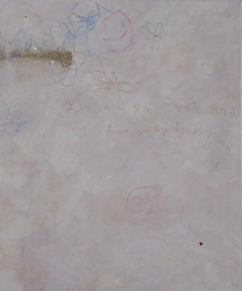 White painting with drawing of teddy bear, gold glitter, scribbles and text “i ran so fast and far away from you”