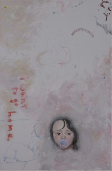 Pink and white painting of a baby with a pacifier, rainbow, and drawing of a car. Pink glitter and text “i want to go home”