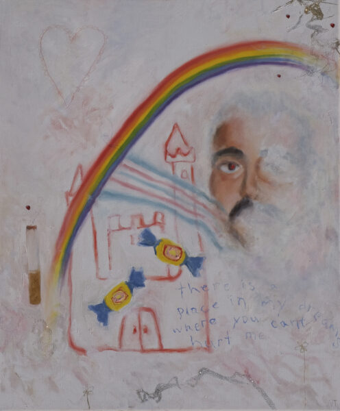 White painting with a red castle, image of a man and cigarette, rainbow and pieces of gum, text “ there is a place in my dreams where you can’t hurt me”