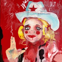 A grotesque girl wearing a cowboy hat and making a gun shape with her right hand. The text "i was killing before killing was cool" is included on the top right.