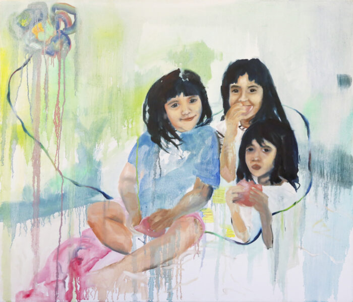 A painting of three children with dark long dark hair gathered closely together over an abstract colorful background. There is an abstract flower shape in the top left corner.