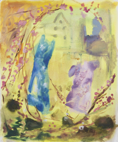 An abstract watercolor painting in yellow with a blue and a lavender figure in the center.