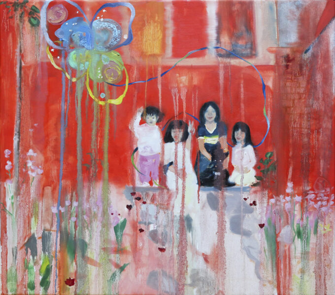 A painting depicting four children grouped together center-right, facing forward as if posed for a portrait. The background is red with colorful washes of paint and there is an abstract flower in the foreground, top-left.