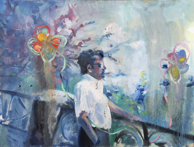 A painting showing a person in a short-sleeved, white shirt and sunglasses, leaning on a railing and facing right. There are abstract flower shapes surrounding the person and possibly threes in the back ground.