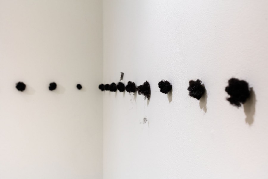 Installation view of a sequence made with sculptures made of human  black hair installed on a wall in a horizontal line