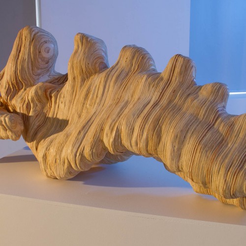 Organic-shaped wood sculpture made out of plywood layers dislayed on a pedestal.
