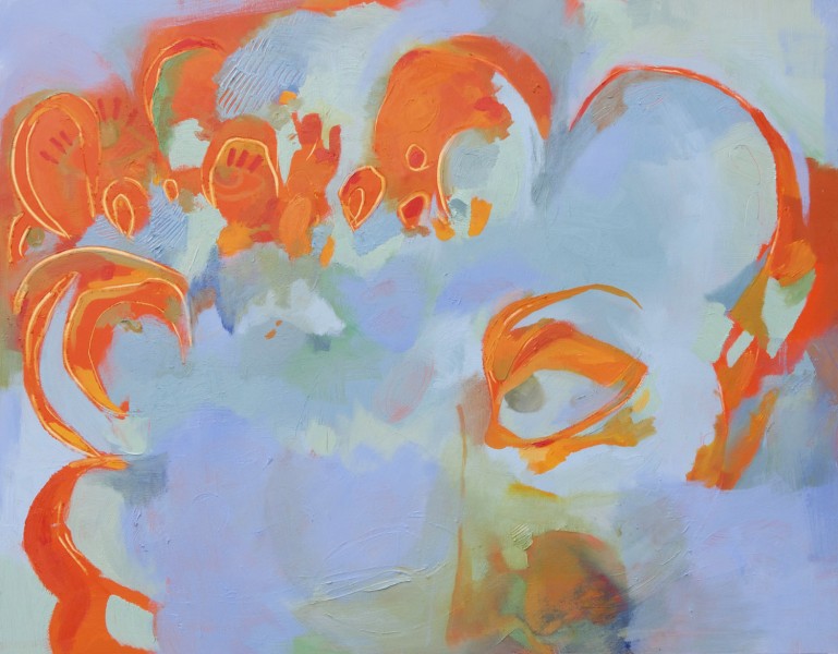 Abstract painting with a light blue background and curved orange lines on the top-left side, on the left, and a small portion on the right side.