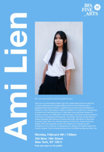 A poster advertisement for a lecture with artist, Ami Lien. The post is a light blue with a photograph of Ami in the center. Along the side and bottom of the poster is information about the lecture date and Ami's bio.