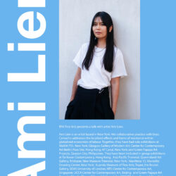 A poster advertisement for a lecture with artist, Ami Lien. The post is a light blue with a photograph of Ami in the center. Along the side and bottom of the poster is information about the lecture date and Ami's bio.