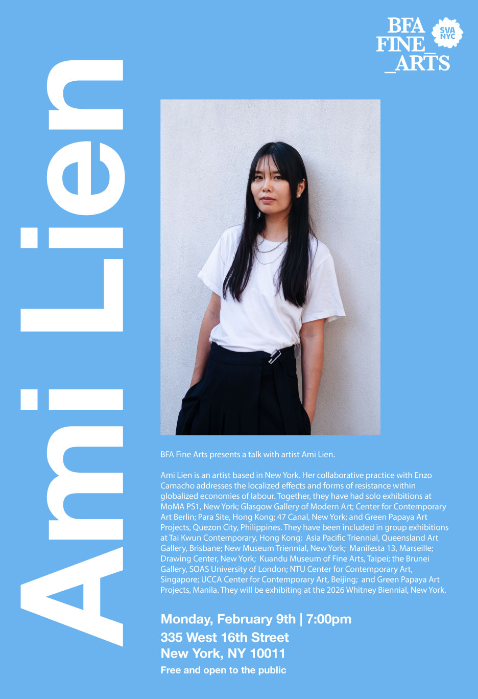 A poster advertisement for a lecture with artist, Ami Lien. The post is a light blue with a photograph of Ami in the center. Along the side and bottom of the poster is information about the lecture date and Ami's bio.
