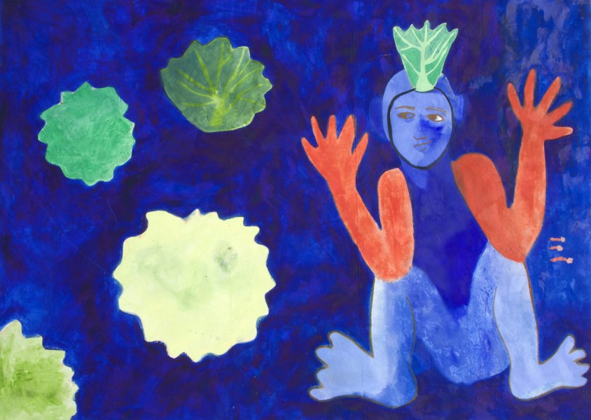 A painting with a blue background, green leaves shapes, and a person painted in a crouch position, with blue legs and orange hands, blue head with a cap and a green leaf on the cap