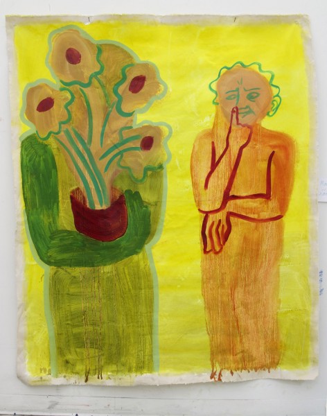 A painting representing a green person holding a flower pot with their arms, and another person painted in orange with one hand supporting the other hand while it is resting on the face. The background is yellow