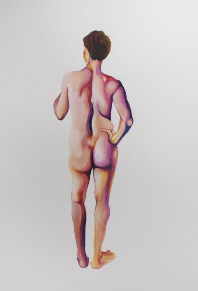 Anatomic painting of a person's body from the back, illustrating the body with skin