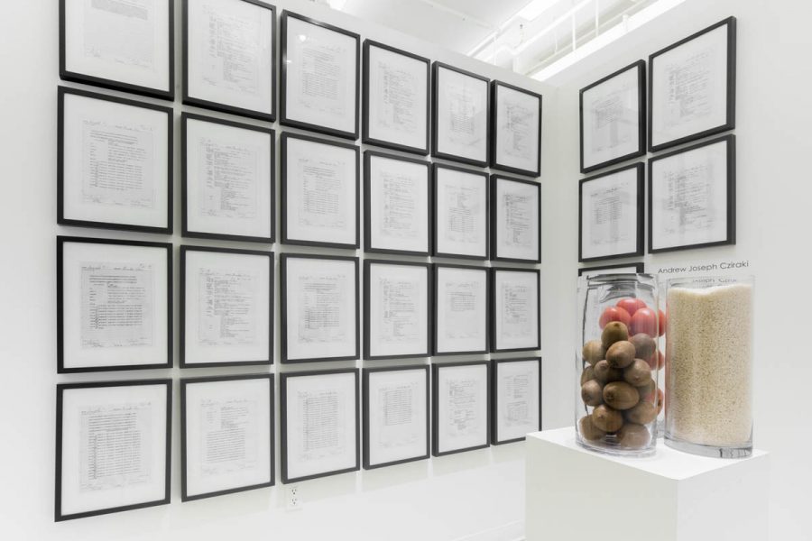 Installation view of a grid with project papers installed, each in its own black frame, and a pedestal with three jars, one with kiwi, one with tomatoes, and one with cereals