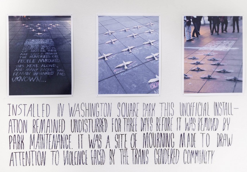 Three photographs showing the chalk writing and the group of birds and the following text written underneath: "Installed in Washington Square Park this unofficial installation remained undisturbed for three days it was removed by park maintenance. It was a site of mourning made to draw attention to violence faced by the trans gender community."