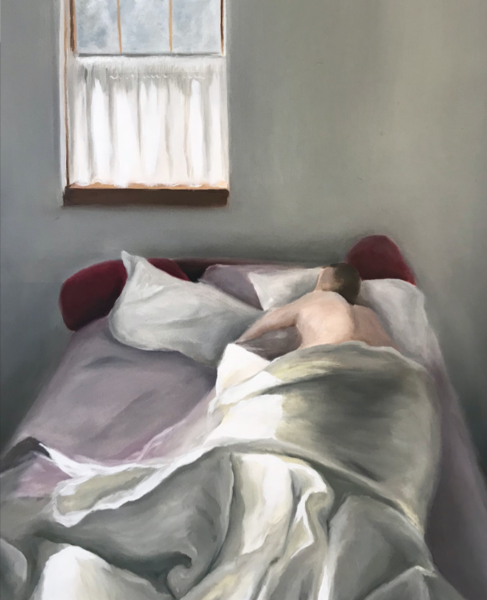 Figurative painting of person in bed, partially covered with sheets, and a window with curtains in the back.
