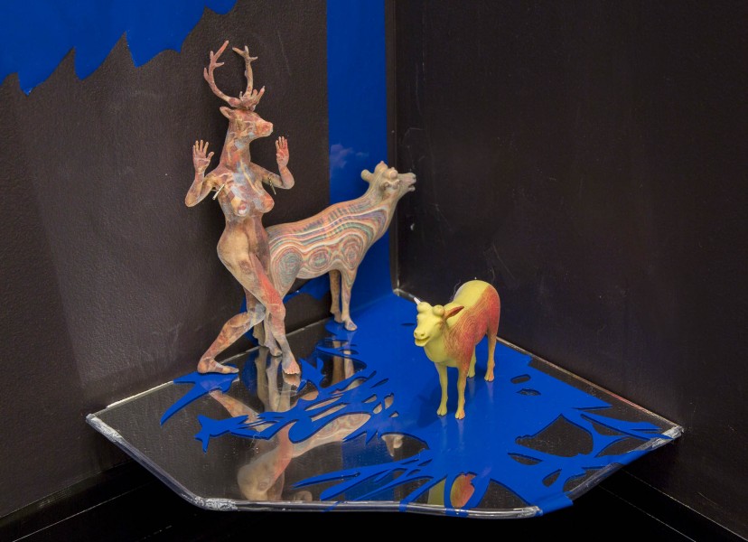 Detailed view of a deer lady hybrid and a deer in a psychedelic color and a yellow with red-colored deer on the right side by Anne Clinton.