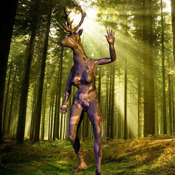 3d female body with a deer head in sunny green woods.