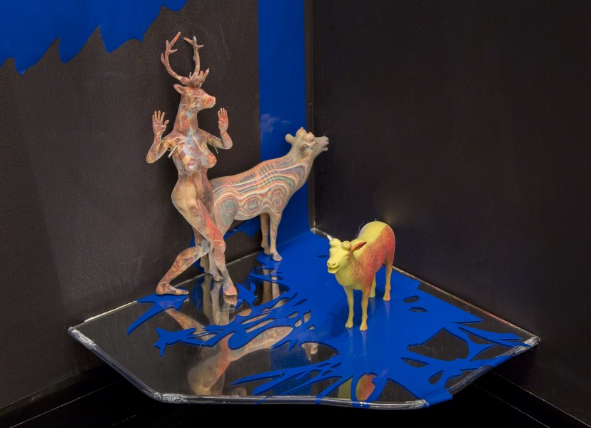 Detailed view of a deer lady hybrid and a deer in a psychedelic color and a yellow with red-colored deer on the right side by Anne Clinton.