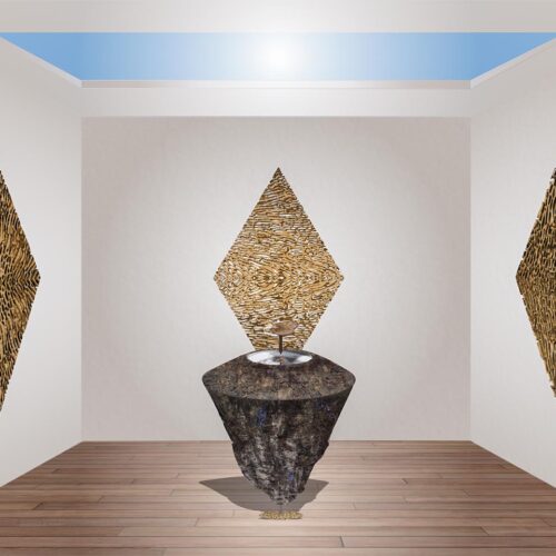 3D simulation of a gallery with 3 artworks yellow diamond-shaped artworks installed on the walls and a large organic brown sculpture in the center.
