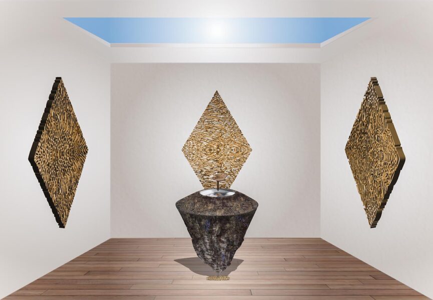 3D simulation of a gallery with 3 artworks yellow diamond-shaped artworks installed on the walls and a large organic brown sculpture in the center.
