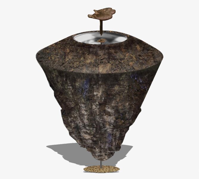 3D Visualization of a brown sculpture with the shape of an inverted cone made out of soil/earth texture.