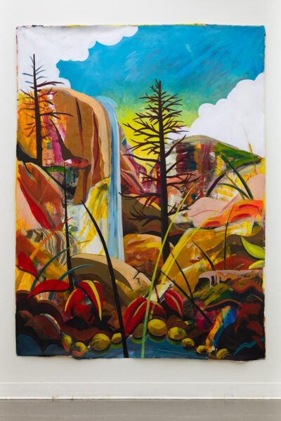 Landscape with trees, rocks and waterfalls in colorful yellows, blues, green and ochre tones.