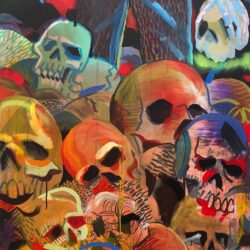 Composition with a pile of skulls rendered in warm tones and the low part of a grotesque human character.