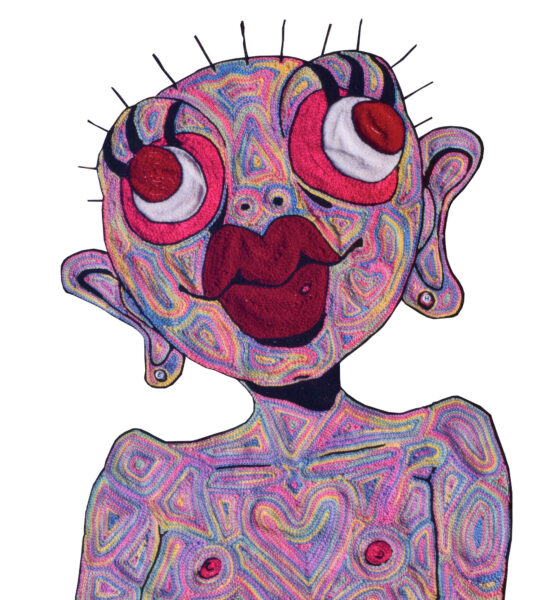 A colorful embroidery depicting an animated character with thick red lips, and big red and pink eyes. The figure's body is covered in embroidered swirls of pink, blue, and yellow.