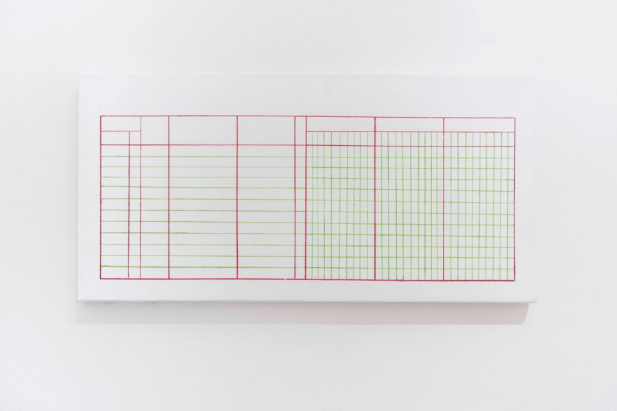 White painting with a grid of red and green lines that mimics a blank receipt.