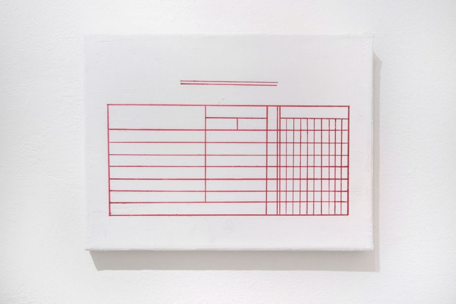 White painting with a grid of red lines that mimics a blank receipt. 