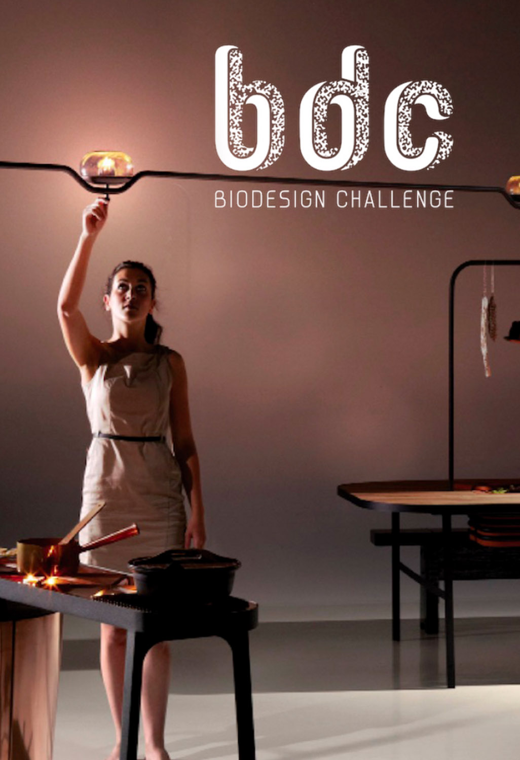 Poster with a woman wearing a white dress reaching up to a lightbulb with a table in front of her with two pots on it, "bdc biodesign challenge" is printed on the upper right of the poster