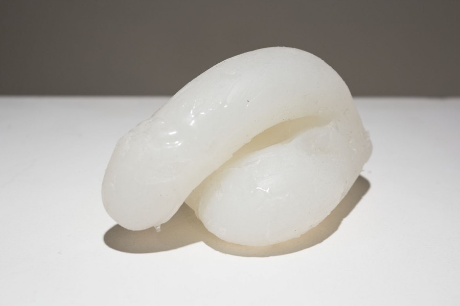 A white casted material of  flaccid penis shape with testicles on a white table