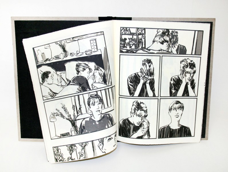 A booklet opened with a page with a couple of illustrations, two people sleeping in a bed, a woman in the office, and half of an image at the bottom. The other page has five pictures of the woman looking in the mirror and getting ready for the day