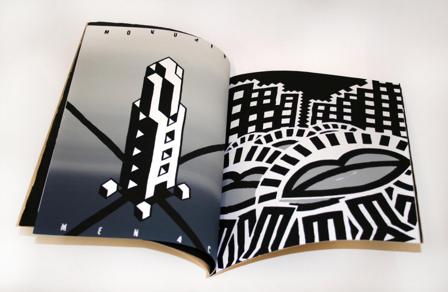 A booklet opened with a page with a tower 3d structure, made with black lines and white surfaces on gradient background from light grey to dark grey. On the other page is an illustration with tall buildings on the right and left drawn with a white outline, black as the primary color, and windows are white squares. On the bottom part are drawn lips in grey with black outlines