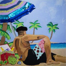 A self portrait painting by Bryan Fernandez. The painting depicts Fernandez sitting on a beach in the foreground looking out to the horizon. Water and palm trees are seen in the background.