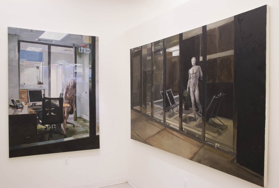 Installation view of two oil paintings representing a statue sitting in an office on the left side and a statue sitting in a room surrounded by four chairs behind a window on the right