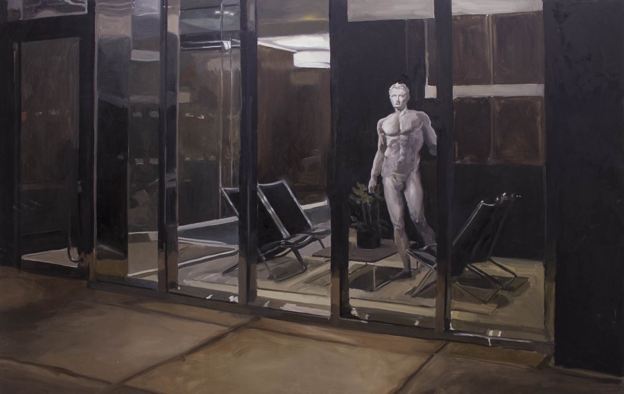 An oil painting of a standing anthropomorphic sculpture made of a grey material surrounded by four chairs. The statue and the chairs are placed behind a glass window.