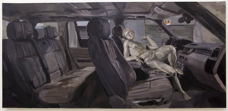 An oil painting of an anthropomorphic statue sculpture made of grey material is placed in the driver's seat of a car with the face turned away from the windshield