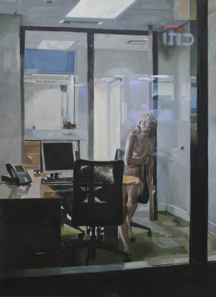 An oil painting of an anthropomorphic sculpture made of grey material placed on a chair in an office surrounded by a desk, a computer, a desk phone, and another empty chair.