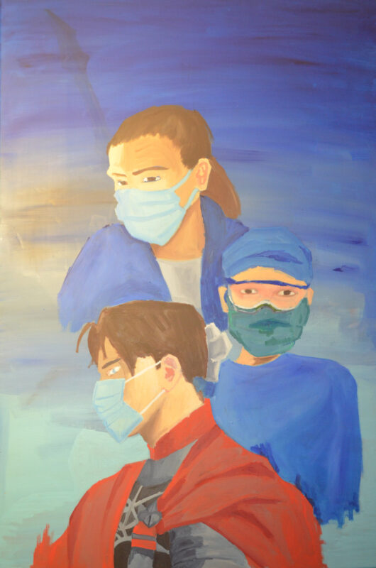 A painting of one male nurse dressed as a knight and two female nurses wearing face masks.