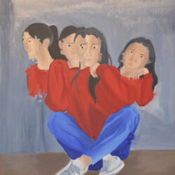 A figure with blue jeans, white sneakers, a red shirt and multiple torsos sits cross-legged, facing forward. All of the torsos have similar heads with long dark hair.