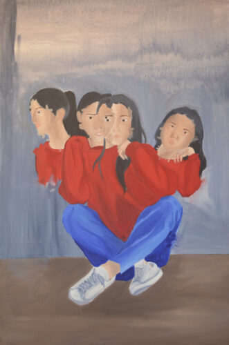 A figure with blue jeans, white sneakers, a red shirt and multiple torsos sits cross-legged, facing forward. All of the torsos have similar heads with long dark hair.