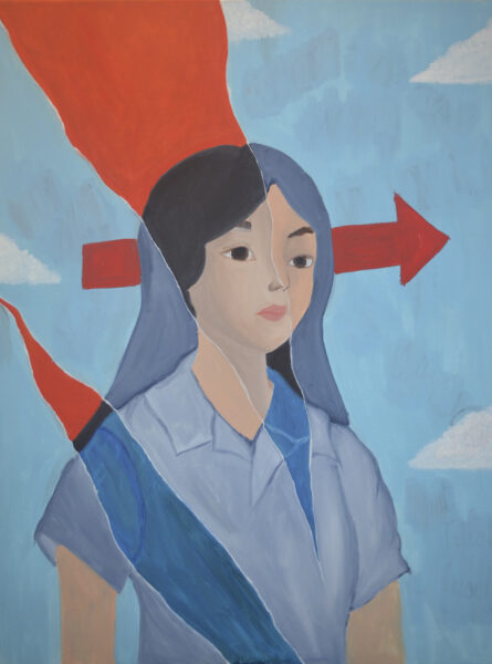 A person with long dark hair in front of a light blue ground with regular white clouds and a red arrow.