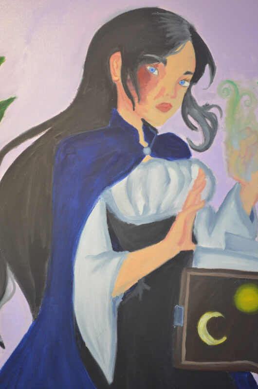 A close up painting of a young lady, who is an earth witch, wearing a dark blue cape and has a burn scar on her right eye. Leaves and her spell book are floating while she cast a spell with her glowing green hand.